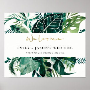 Tropical Monstera Green Leafy Wedding Willkommensz Poster