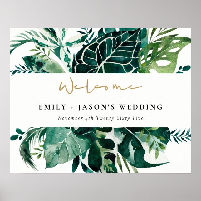Tropical Monstera Green Leafy Wedding Willkommensz Poster (Vorne)