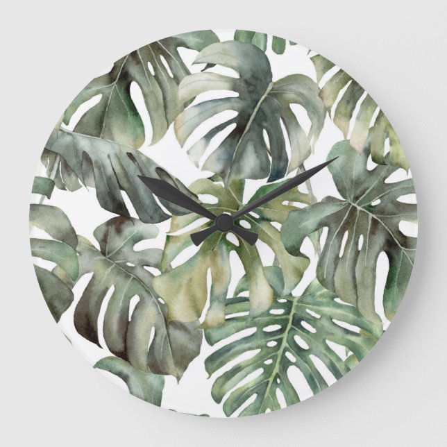 Tropical Monstera Grosse Wasserfarbenmuster Große Wanduhr (Vorderseite)