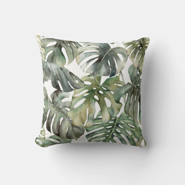 Tropical Monstera Grosse Wasserfarbenmuster Kissen (Vorderseite)