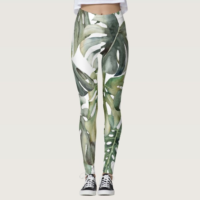 Tropical Monstera Grosse Wasserfarbenmuster Leggings (Vorderseite)