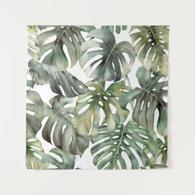 Tropical Monstera Grosse Wasserfarbenmuster Wandteppich (Vorderseite)