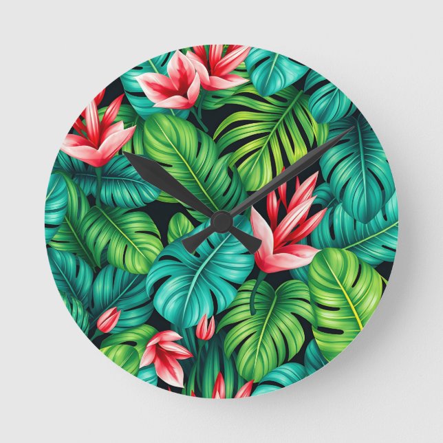 Tropical Monstera Heliconia Jungle Pattern Runde Wanduhr (Vorderseite)