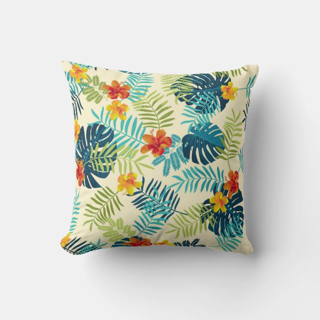 Tropical Monstera Hibiskus Summer Pattern Kissen (Vorderseite)