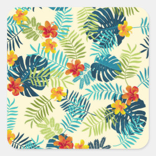 Tropical Monstera Hibiskus Summer Pattern Quadratischer Aufkleber