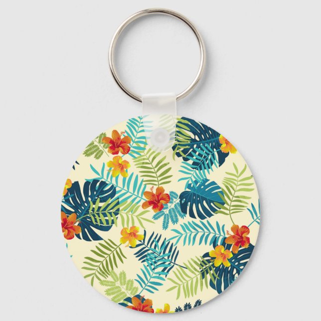 Tropical Monstera Hibiskus Summer Pattern Schlüsselanhänger (Vorderseite)