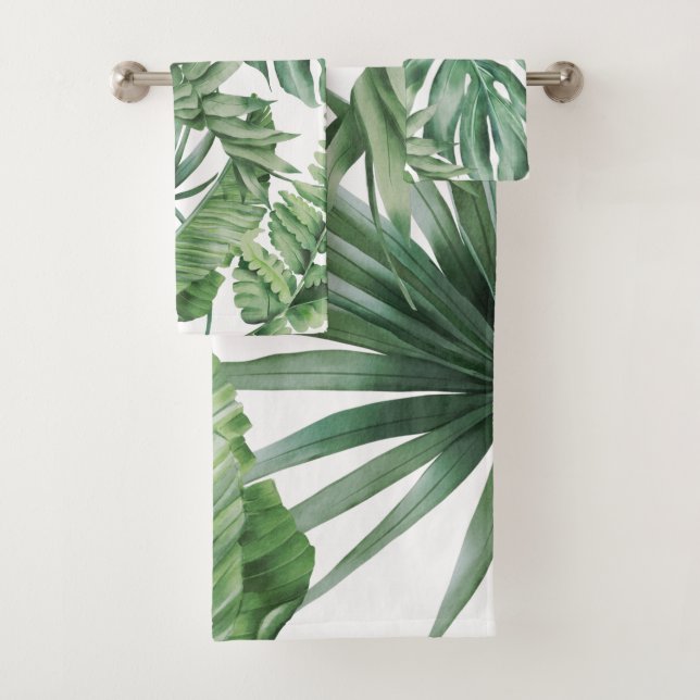 Tropical Monstera Jungle Palm Tree Blätter Grün Badhandtuch Set (Insitu)