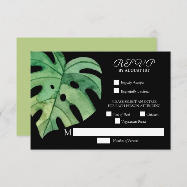 Tropical Monstera Leaf Botanische Hochzeit RSVP Karte (Vorne/Hinten)