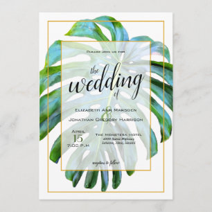 Tropical Monstera Leaf Fotografie Gold Wedding Einladung