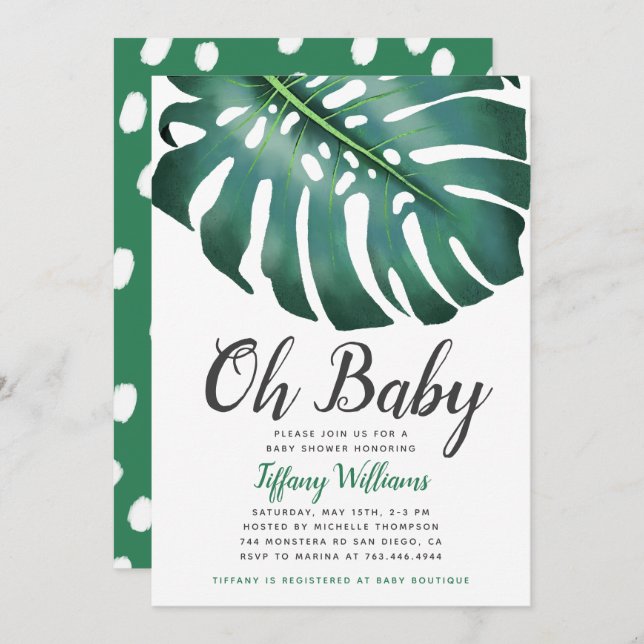 Tropical Monstera Leaf Gender Neutral Baby Dusche Einladung (Vorne/Hinten)