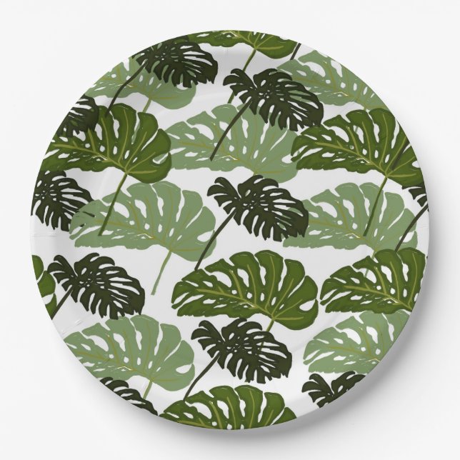 Tropical Monstera Leaf Green Pappteller (Vorderseite)
