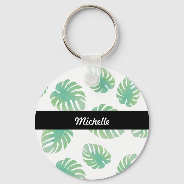 Tropical Monstera Leaf Green Pattername Schlüsselanhänger (Vorderseite)