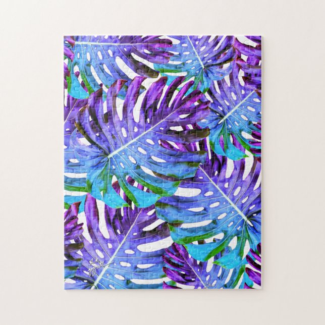 Tropical Monstera Leaf Muster Lila Puzzle (Vertikal)