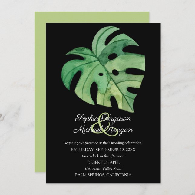 Tropical Monstera Leaf on Black Wedings Invites (Vorne/Hinten)