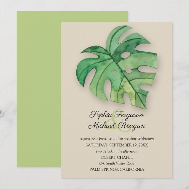 Tropical Monstera Leaf on Tan Wedding Invites (Vorne/Hinten)
