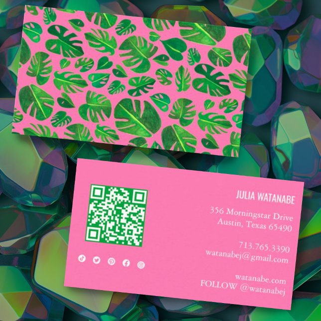 Tropical Monstera Leaf QR Code Social Media Pink Visitenkarte (Von Creator hochgeladen)