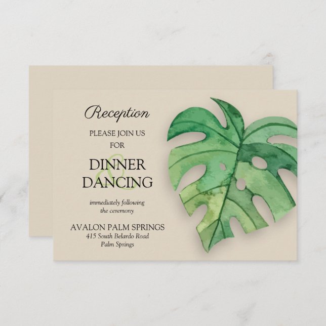 Tropical Monstera Leaf Tan Wedding Reception Card Begleitkarte (Vorne/Hinten)
