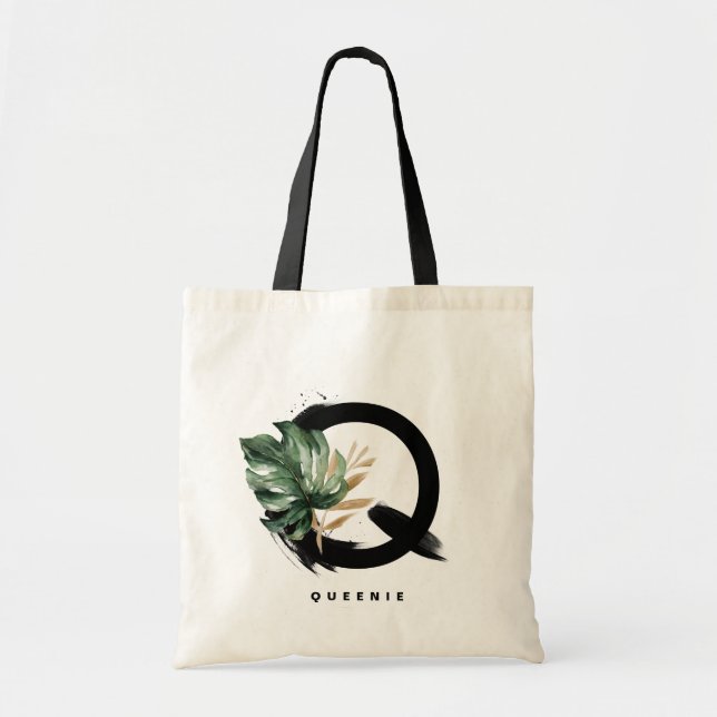 Tropical Monstera Letter Q Monogram Bridesmaid Tragetasche (Vorne)