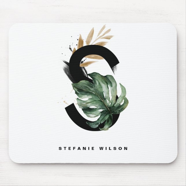 Tropical Monstera Letter S Monogram Personalisiert Mousepad (Vorne)