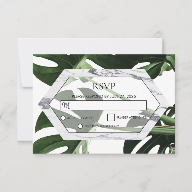Tropical Monstera Marble Wedding RSVP Cards (Vorderseite)