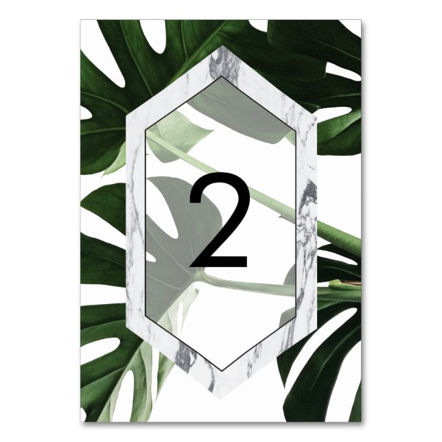 Tropical Monstera Marble Wedding Tischnummer (Vorderseite)