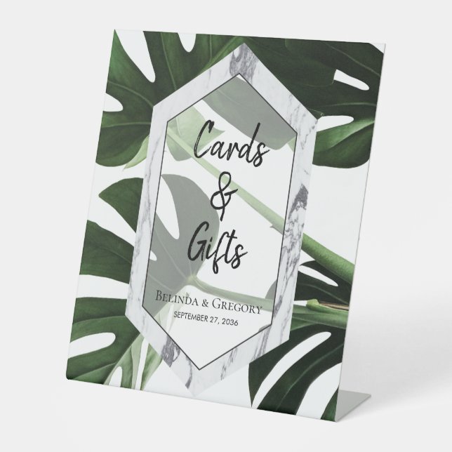 Tropical Monstera Marmor Wedding Cards & Gifts Sockelschild (Vorderseite)