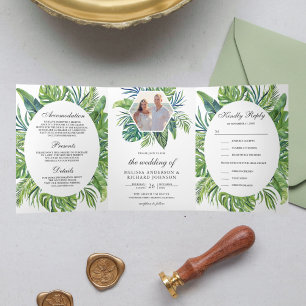 Tropical Monstera Palm Blätter All in One Wedding Dreifach Gefaltete Einladung