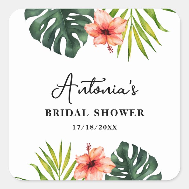 Tropical Monstera Palm Bridal Shower  Quadratischer Aufkleber (Vorderseite)