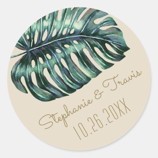 Tropical Monstera Palm Leaf Wedding Runder Aufkleber (Vorderseite)