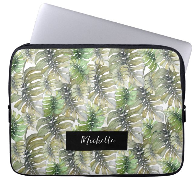 Tropical Monstera Palm Pastel Mit Monogramm Laptopschutzhülle (Vorderseite)