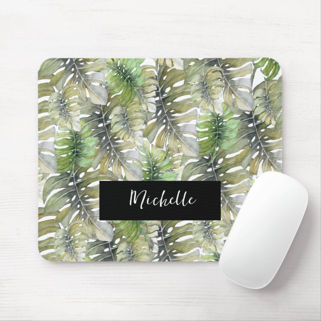 Tropical Monstera Palm Pastel Mit Monogramm Mousepad (Mit Mouse)