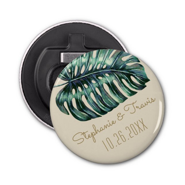 Tropical Monstera Palm Wedding Date Favor Magnet Flaschenöffner (Vorderseite)