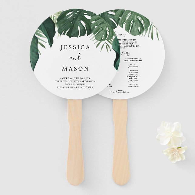 Tropical Monstera Round Wedding Program Fan Fächer (Vorne und Hinten)