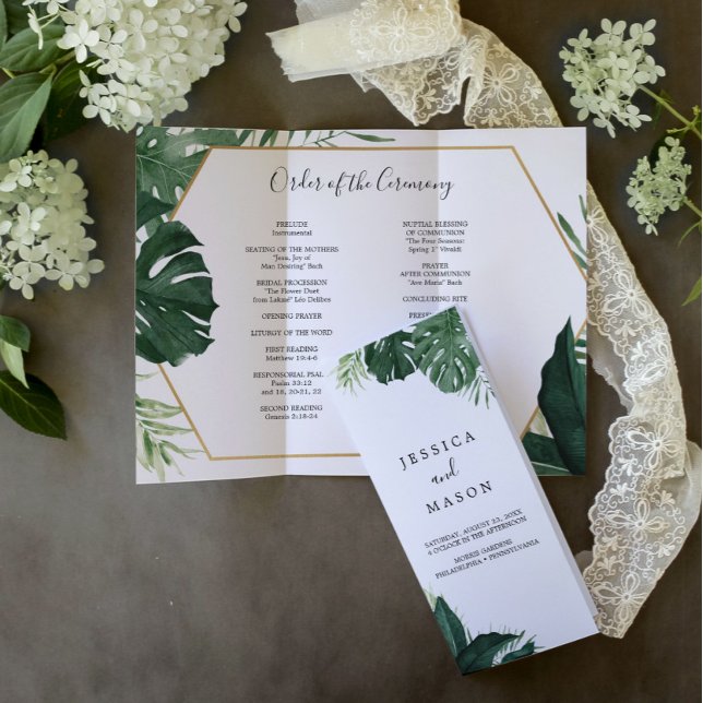 Tropical Monstera Tri-Fold Wedding Program Flyer (Von Creator hochgeladen)