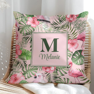 Tropical Monstera und Flamingo Monogram Kissen