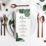 Tropical Monstera Wedding Menu oder Brautparty Einladung<br><div class="desc">Schauen Sie sich Ihr köstliches Menü auf diesen schönen Karten an - perfekte Größe für jeden Teller! Dieses Design besticht durch einen hübschen Script-Schriftart und eine wunderschöne tropische Vegetation. Editieren Sie einfach die Essensartikel!</div>