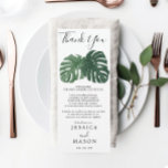 Tropical Monstera Wedding Menü und vielen Dank Einladung<br><div class="desc">Schauen Sie sich Ihr köstliches Menü an und danken Sie auf der Rückseite dieser doppelseitigen Karten - perfekte Größe für jeden Teller!</div>