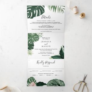 Tropical Monstera Wedding Tri-Fold Einladungen