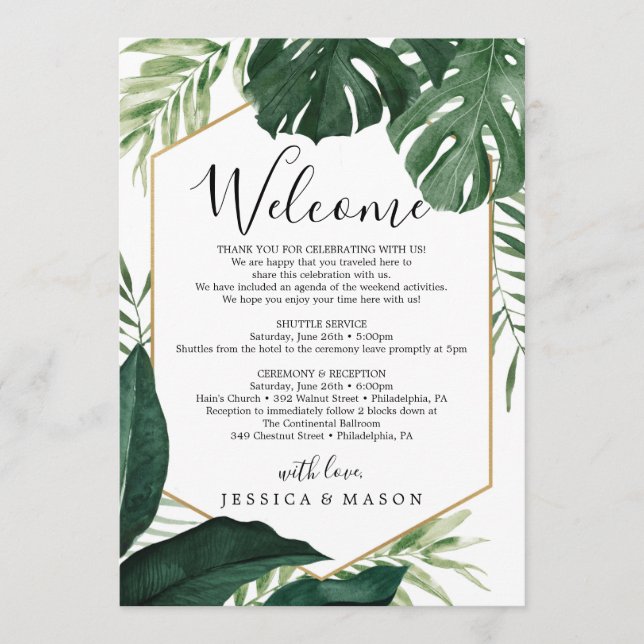 Tropical Monstera Wedding Willkommensbrief Programm (Vorderseite)
