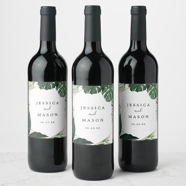 Tropical Monstera Wedding Wine Labels Weinetikett (Flaschen)