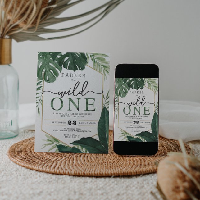 Tropical Monstera Wild One First Birthday Invite Einladung (Von Creator hochgeladen)