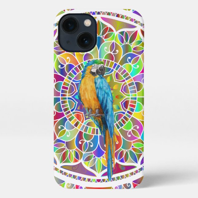 Tropical Mosaic – Blue & Gold Macaw Mandala iPhone Hülle (Rückseite)