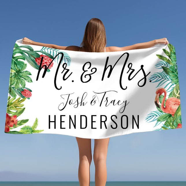 Tropical Mr. & Mrs. Personalisiert Strandtuch (Tropical Mr. & Mrs. Personalized Beach Towel)