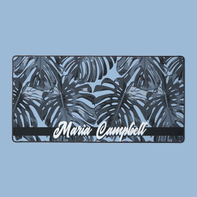 Tropical Name Blue Gray Monstera Blätter Schreibtischunterlage (Von Creator hochgeladen)