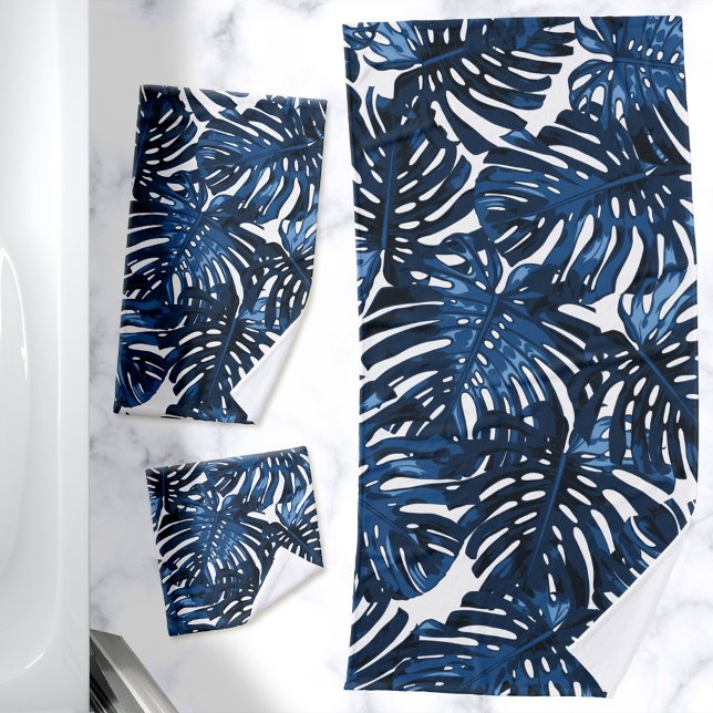 Tropical Navy Blauer Dschungel Blätter Badhandtuch Set (Navy blue and white jungle leaves towel set)