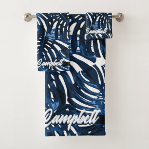 Tropical Navy Blauer Dschungel Blätter Name Badhandtuch Set