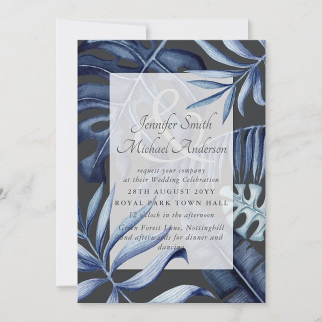 Tropical Navy Blue Blätter Weddingpaare lädt ein (Vorderseite)