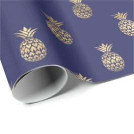 Tropical Navy Blue Gold Ananas Muster Geschenkpapier
