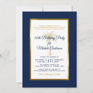 Tropical Navy Blue Gold Palm Tree Geburtstagsparty Einladung