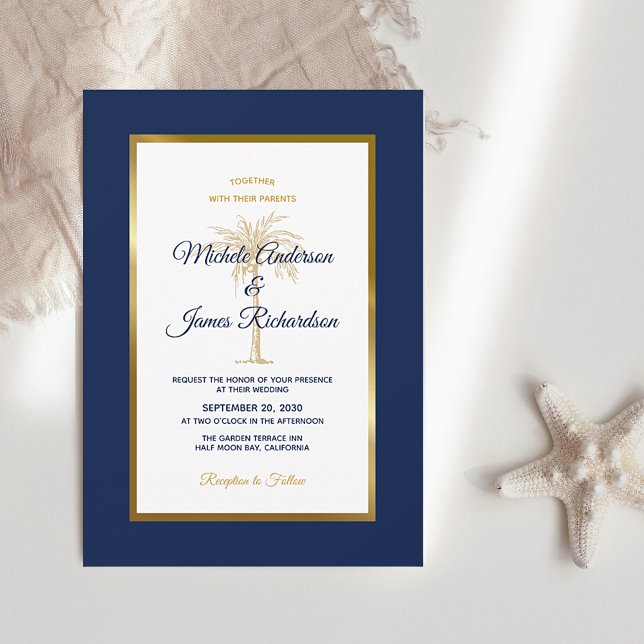 Tropical Navy Blue Gold Palm Tree Moderne Hochzeit Einladung (Von Creator hochgeladen)